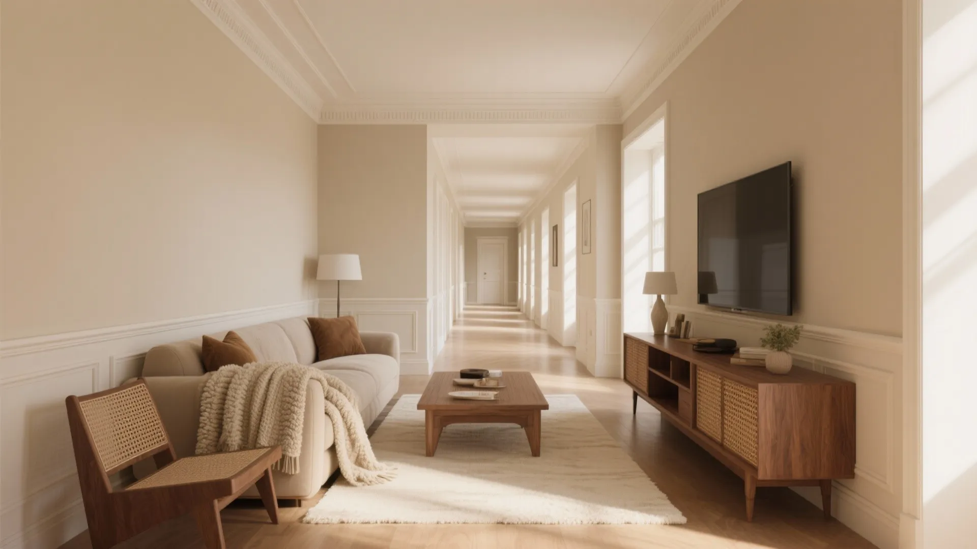 Neutral living room with cream sofa wood coffee table wooden cabinet television and long hallway view