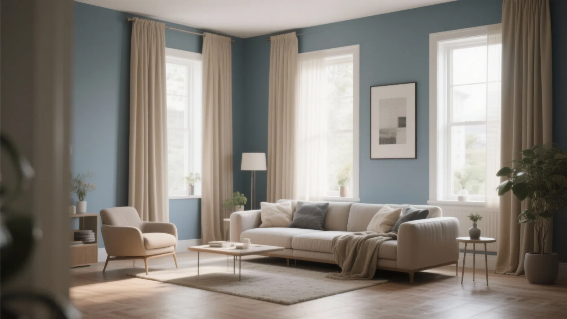 Spacious living room featuring blue walls beige curtains white sofa and a light wood floor