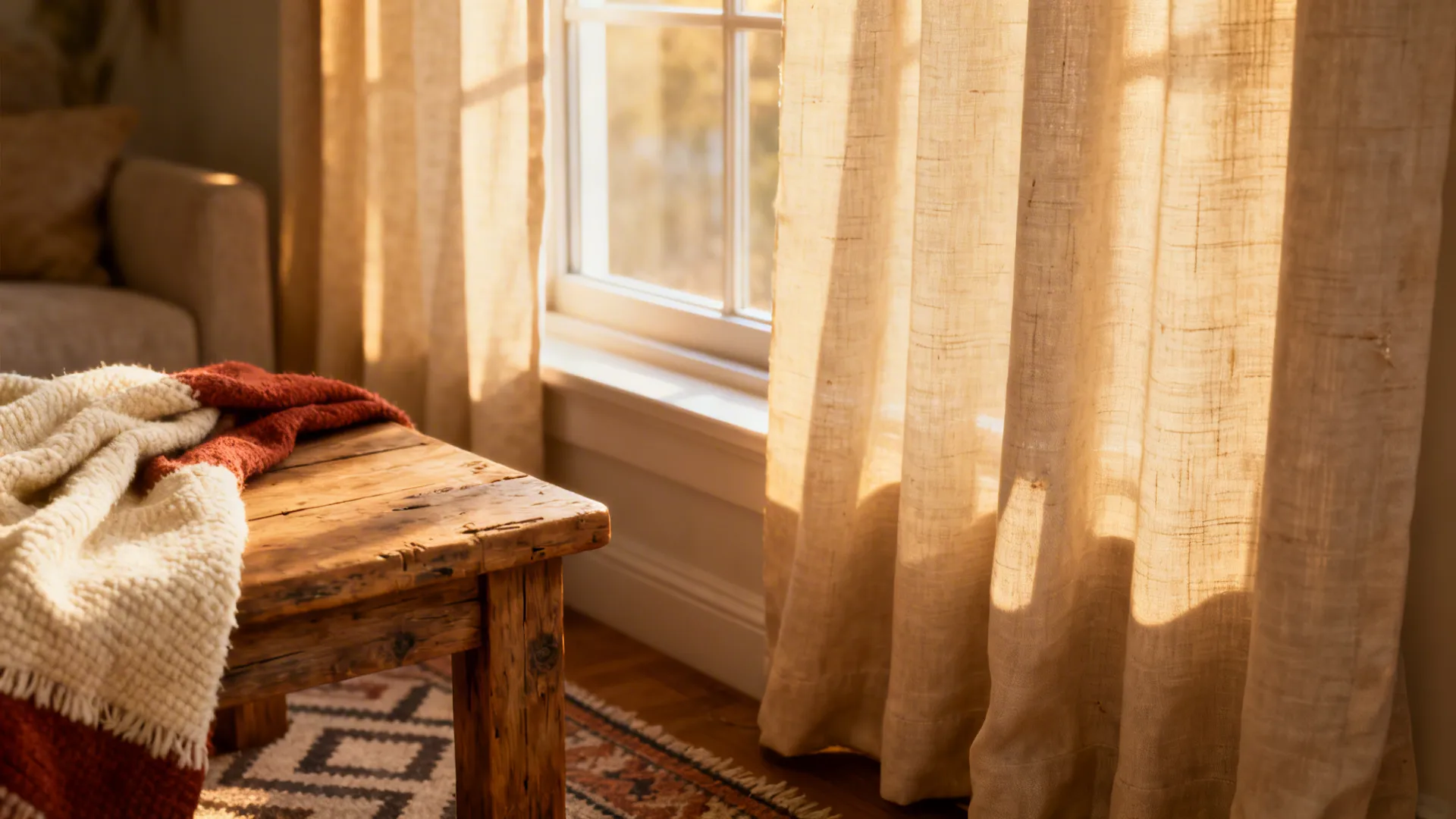 Close-up of soft beige linen curtains filtering daylight beside a timber side table and textured throw.