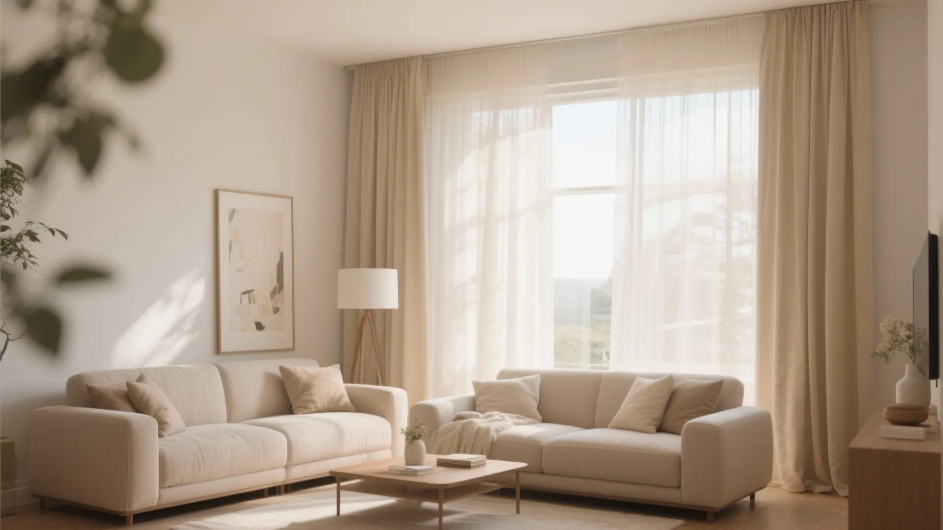 Bright living room with two beige sofas wooden coffee table floor lamp and long window curtains