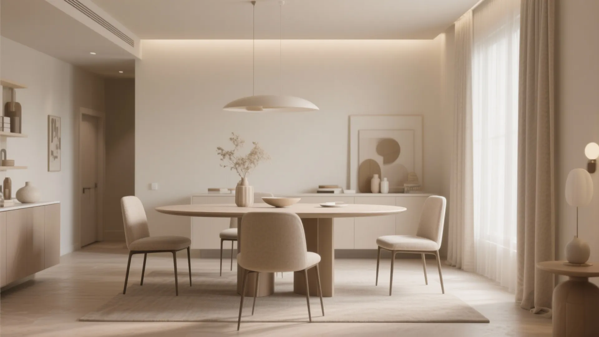 Neutral dining room with beige walls and contemporary decor