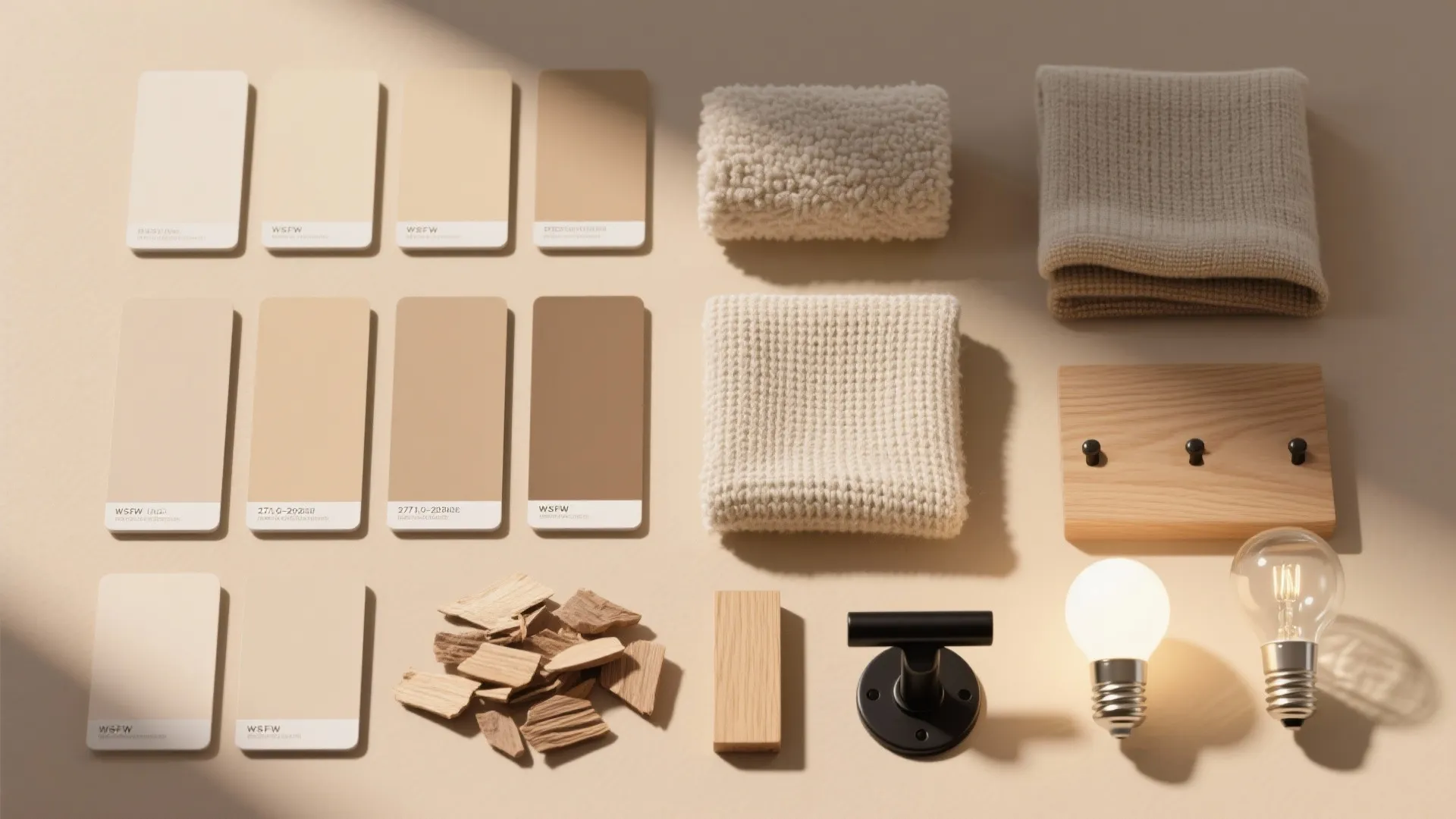 Interior design mood board with beige color swatches fabric samples wood pieces and light bulbs