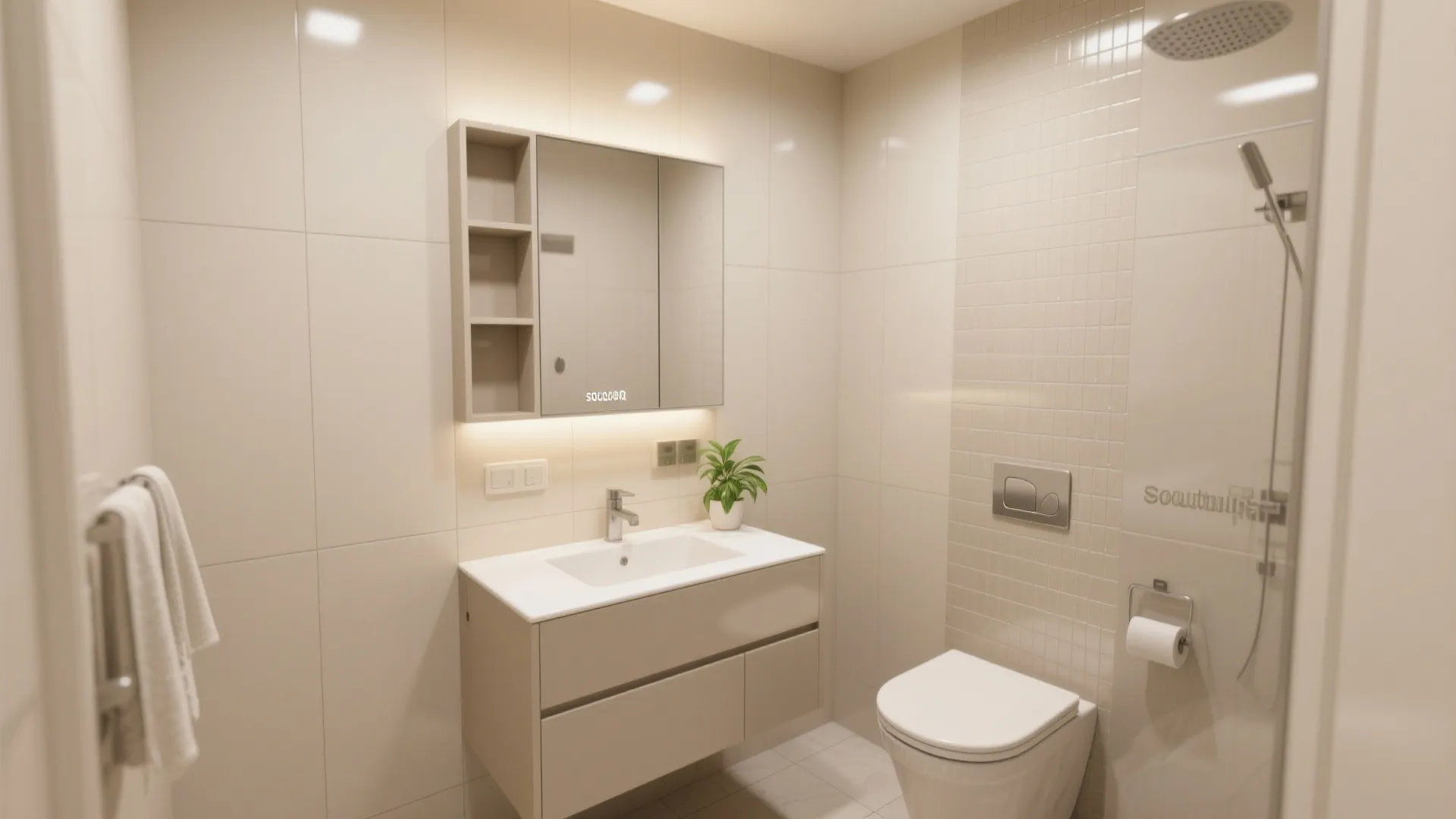 Minimalist beige bathroom layout with a wall cabinet white toilet and a glass shower door
