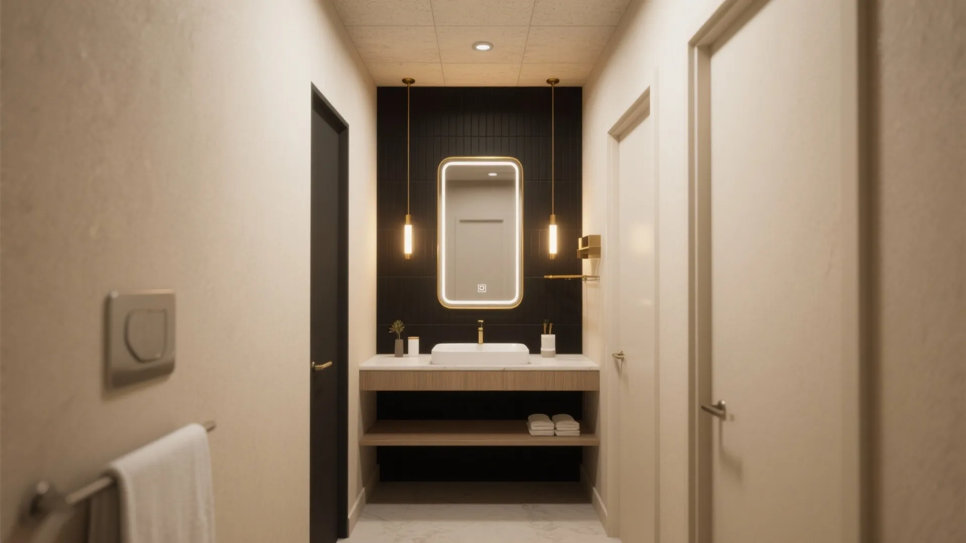 Hallway view of a bathroom vanity with black wall, glowing mirror, hanging lights, and marble floor