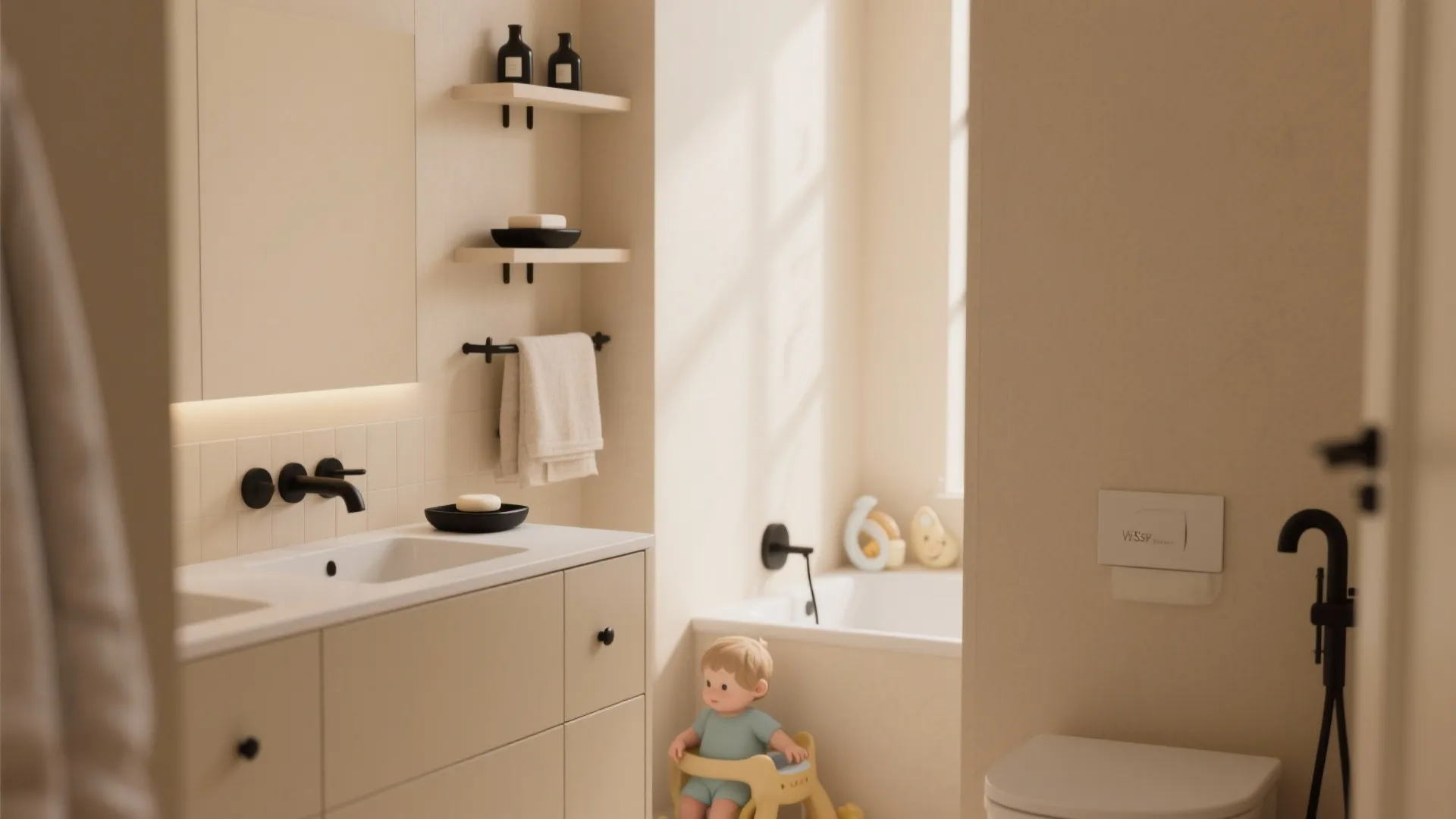 Spa-like beige bathroom with subtle matte black hooks and accessories.