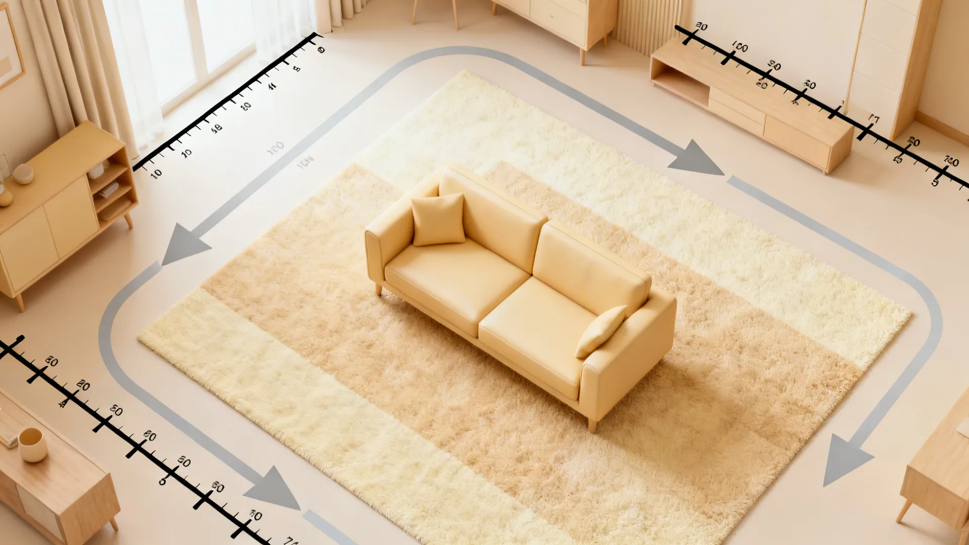 Top-down mockup floor plan showing rug zones and low-profile furniture in a beige layout.