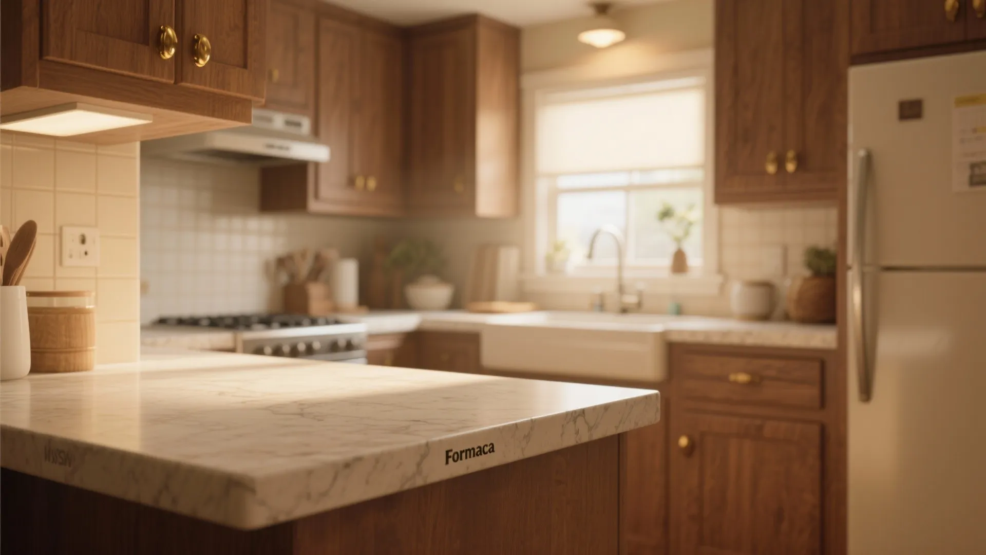 Warm beige Formica countertop paired with wood cabinets and brass hardware in a cozy small kitchen.