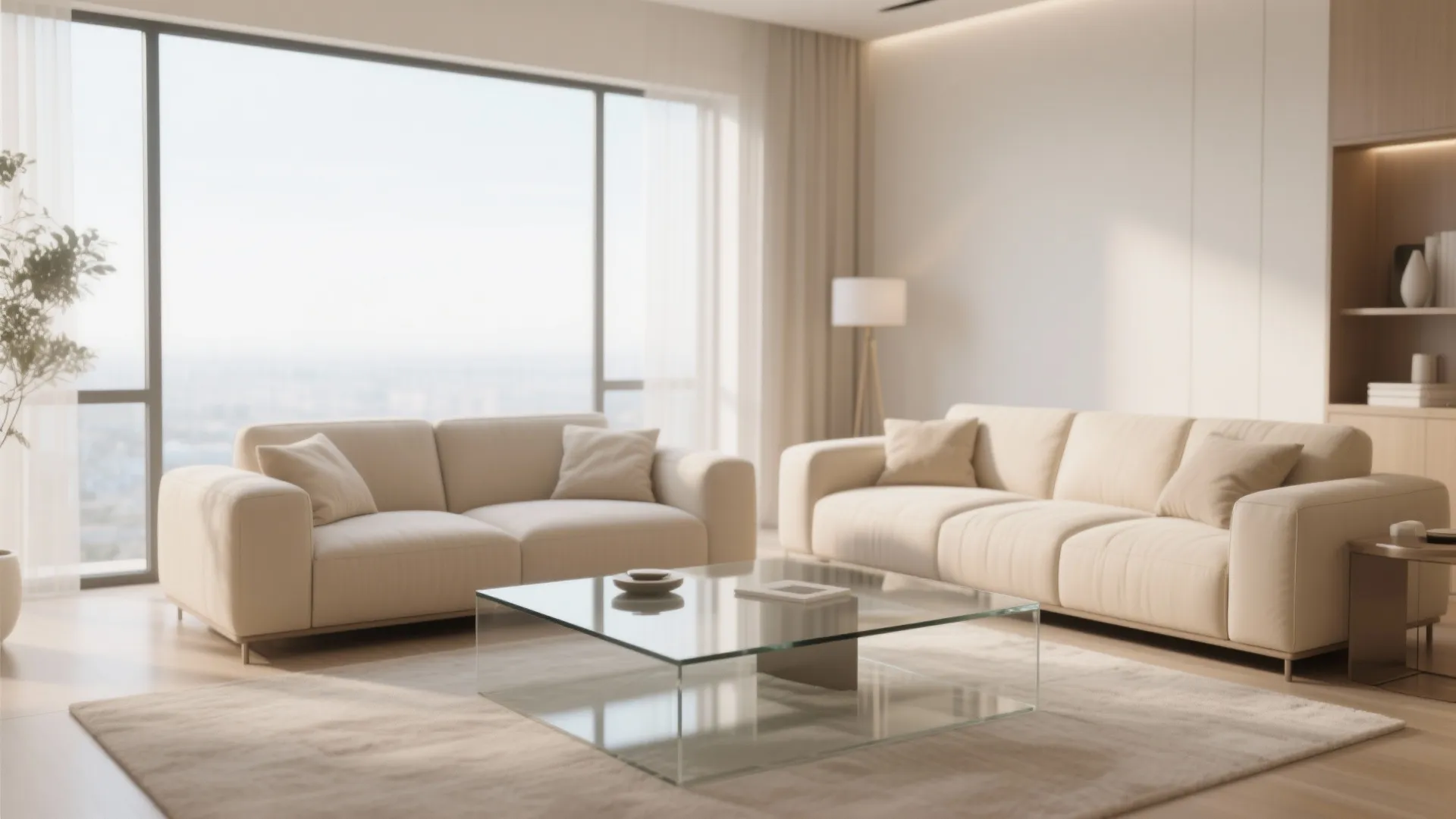 Spacious living room featuring beige sofas glass coffee table floor lamp and large city view