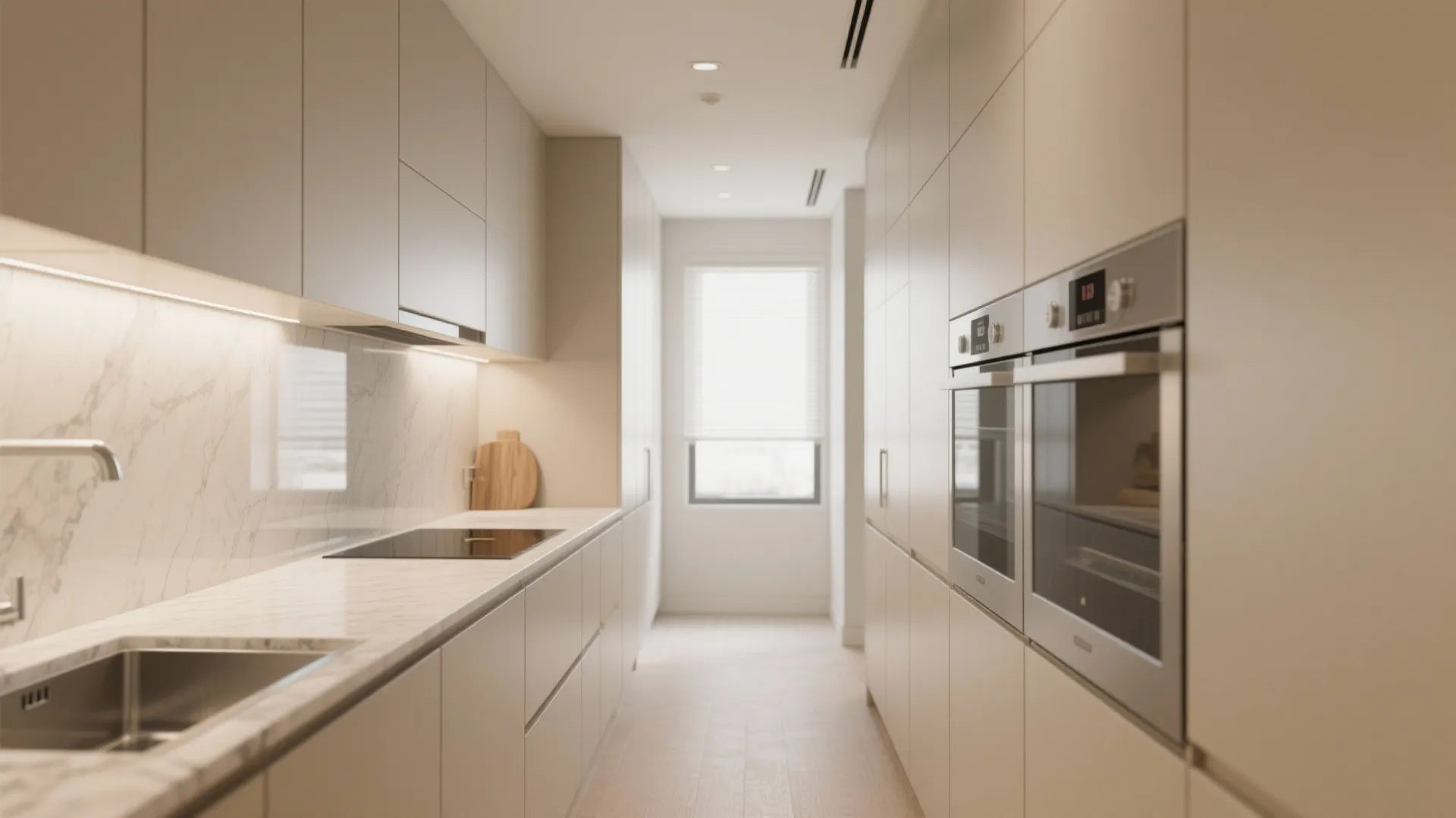 Modern narrow kitchen with beige cabinets marble countertops built in ovens and a bright window