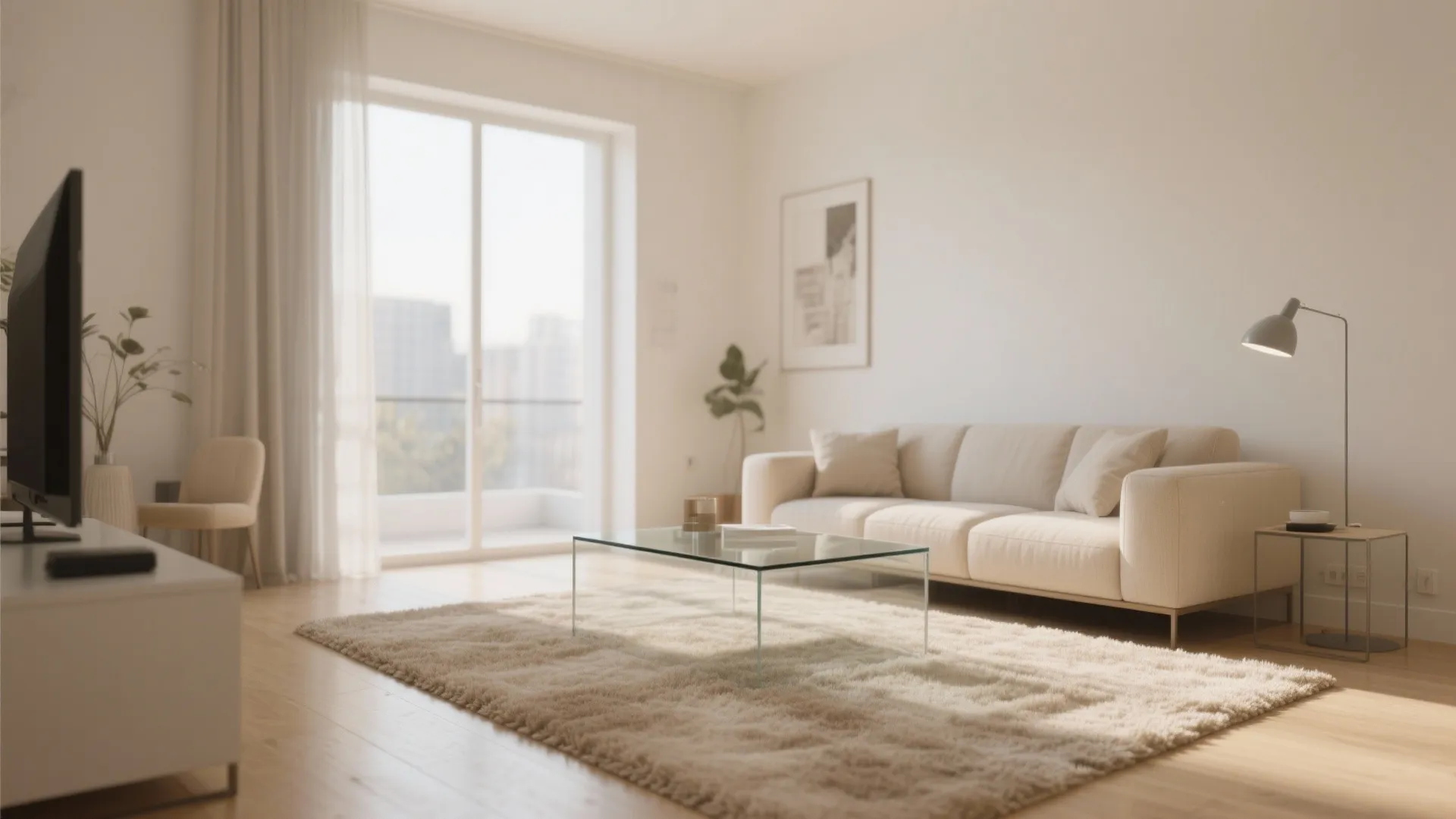 4. Beige Carpet with Glass Coffee Table