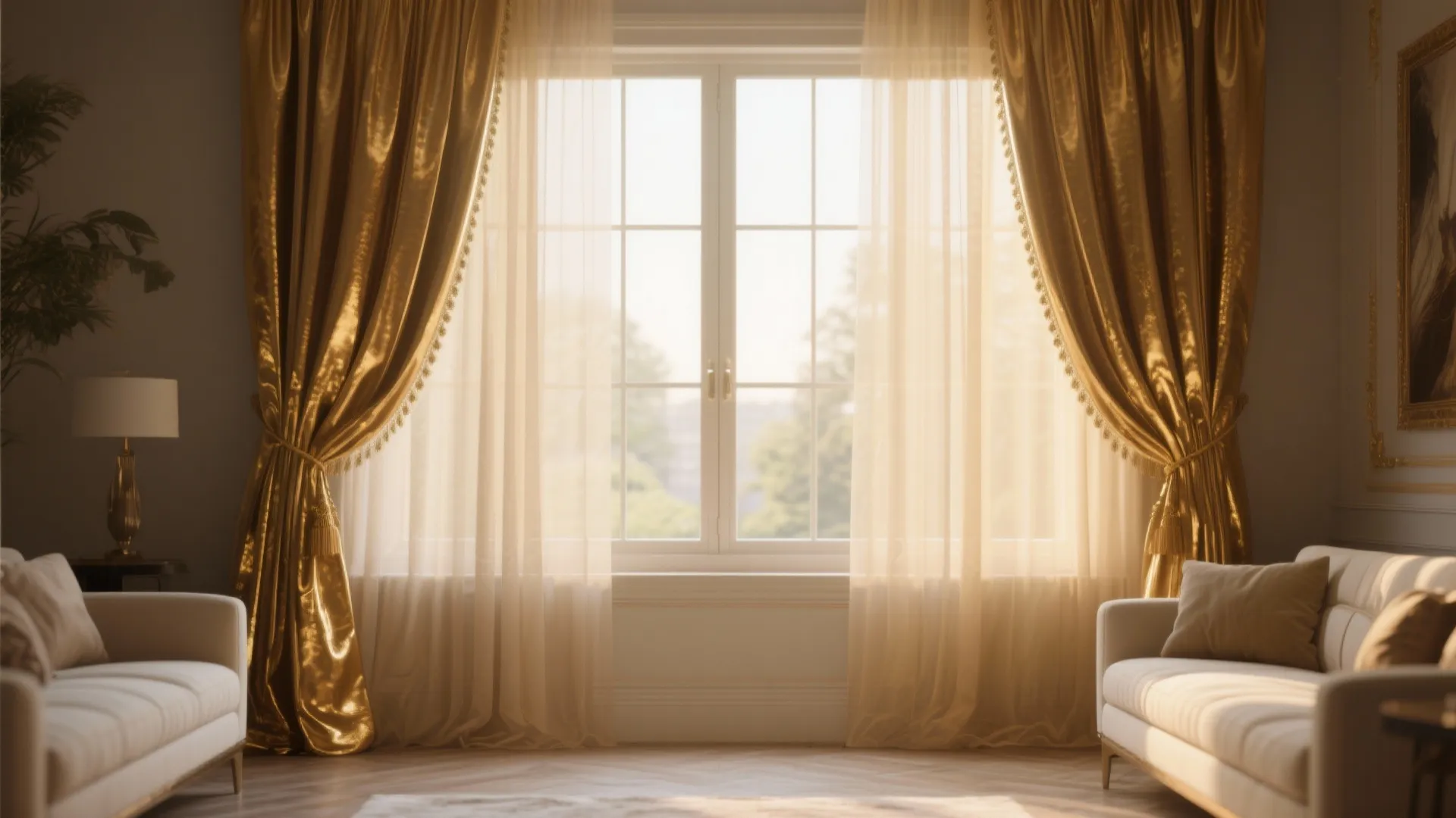 Bright living room featuring large windows with elegant gold curtain and white sofa in soft light