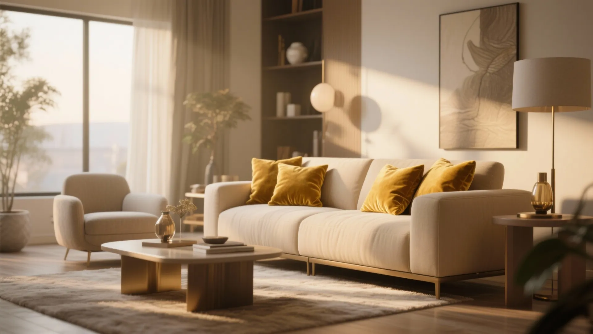 Modern living room with beige sofa mustard yellow pillows gold coffee table and large floor window