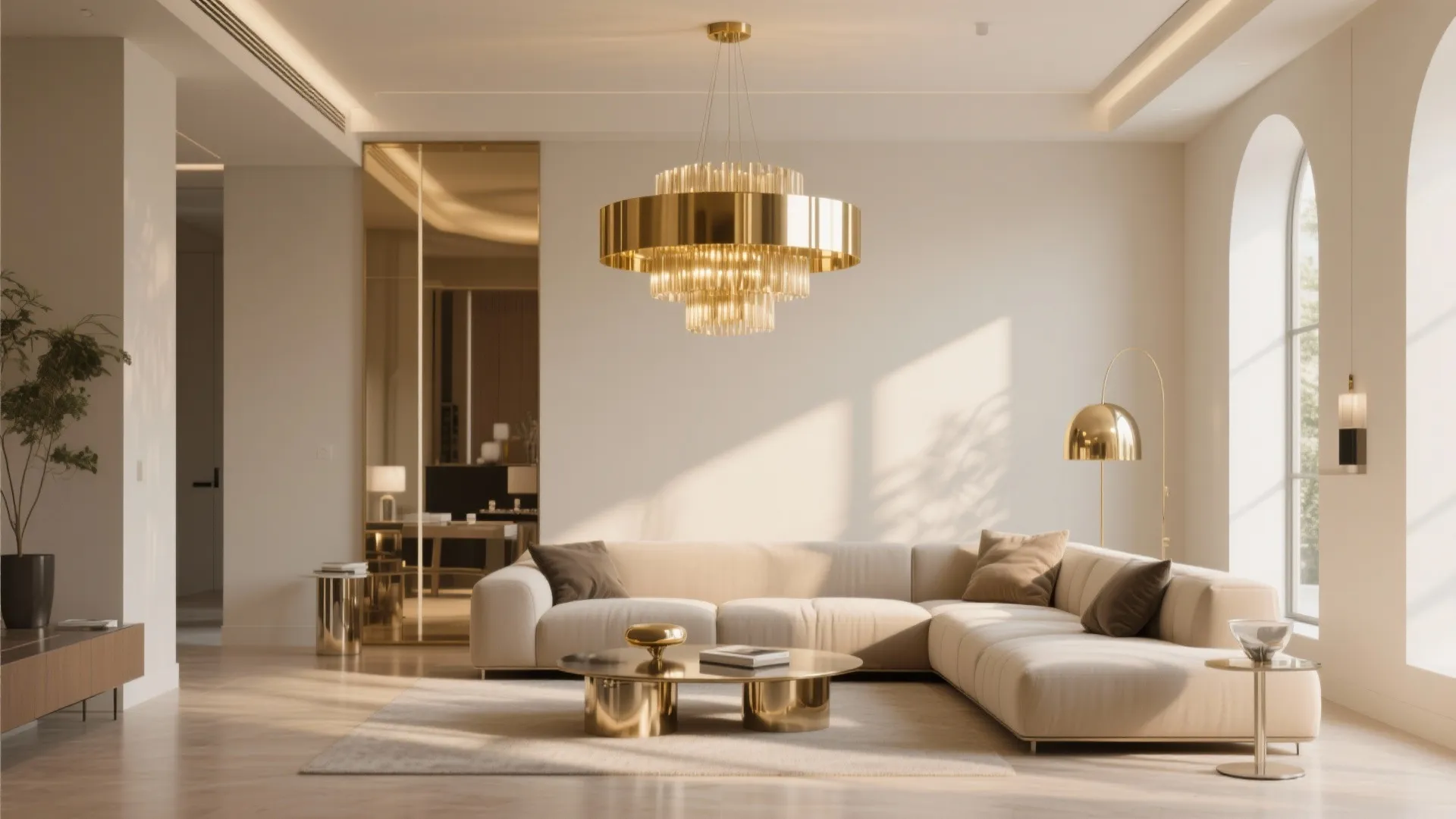 Modern cream living room with gold ceiling light large sofa round coffee table and rug