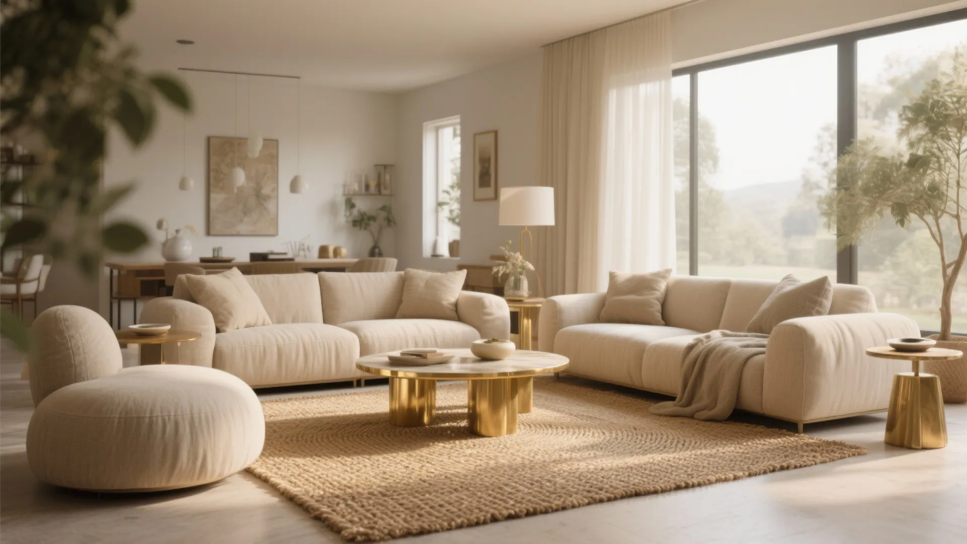 Bright living room featuring beige sofas a round gold coffee table and large glass windows