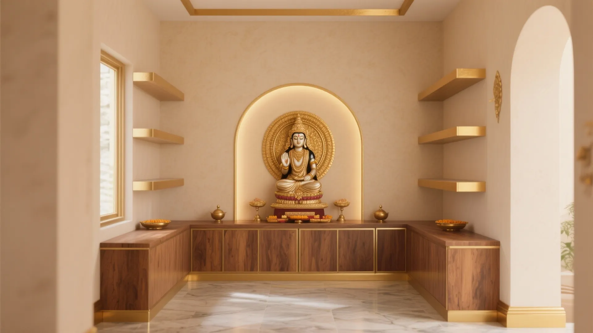 Bright prayer room featuring golden statue on wooden cabinet with wall shelves and light beige walls