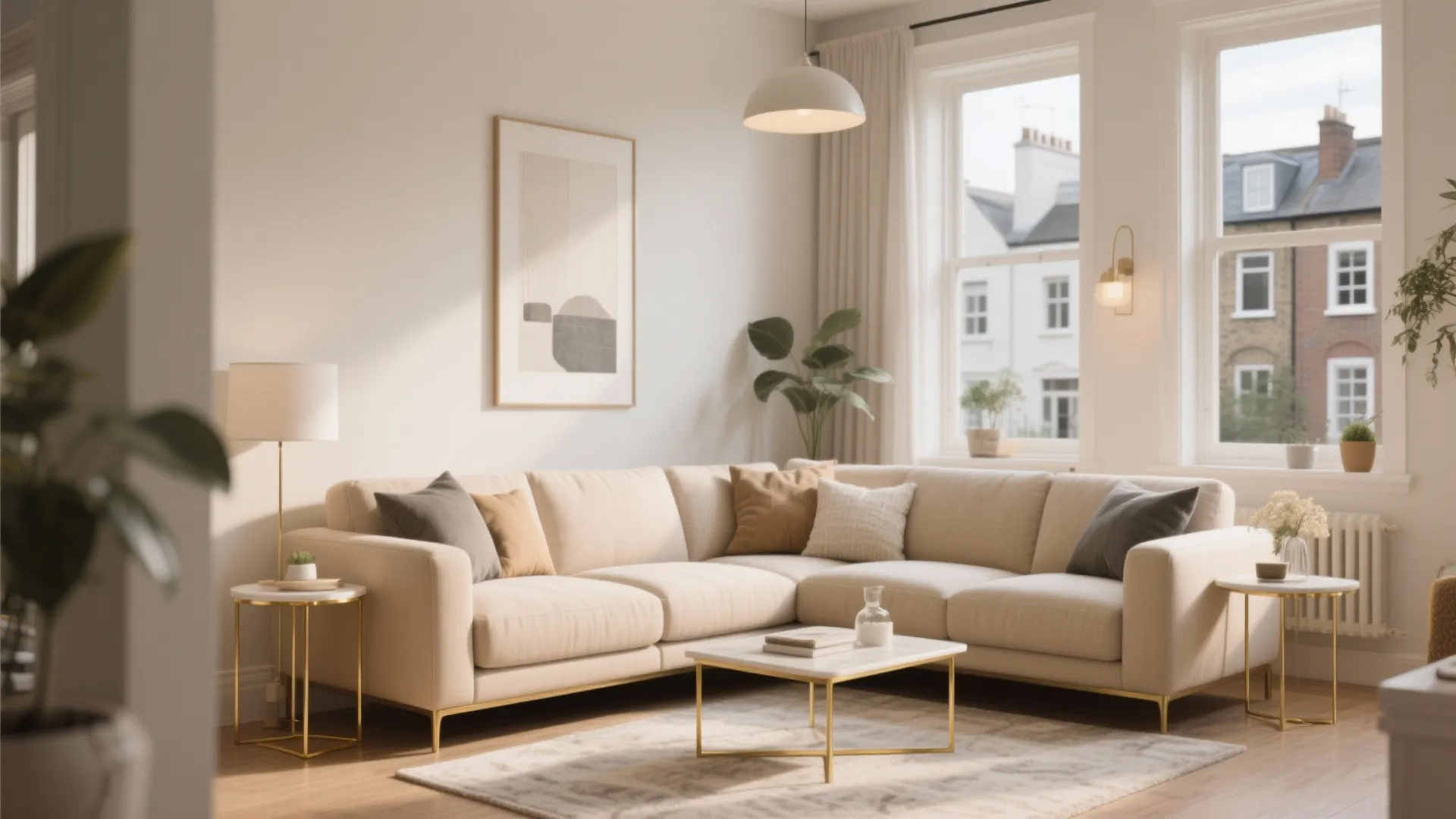 Cozy living room interior featuring cream corner sofa marble side tables and white ceiling light
