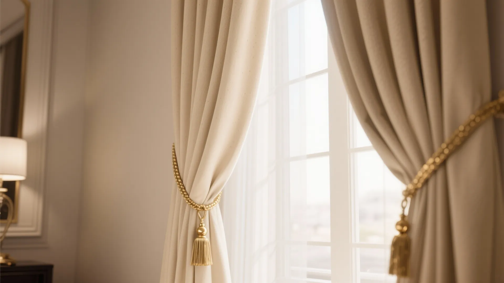 Beige curtain with gold tassel tieback hanging in front of white window in bright sunlight