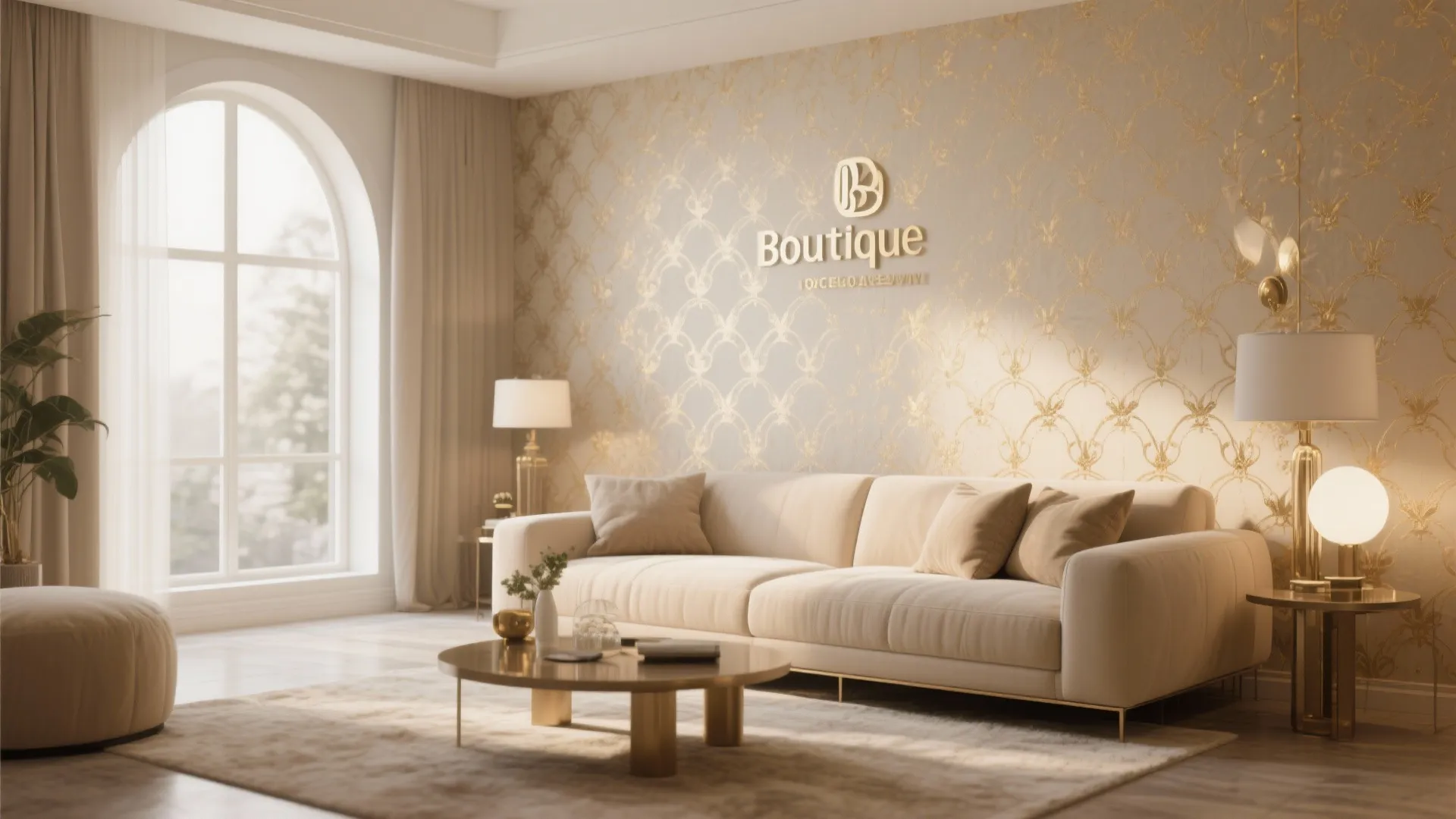 Elegant living room with beige sofa gold pattern wall panel round coffee table and natural light