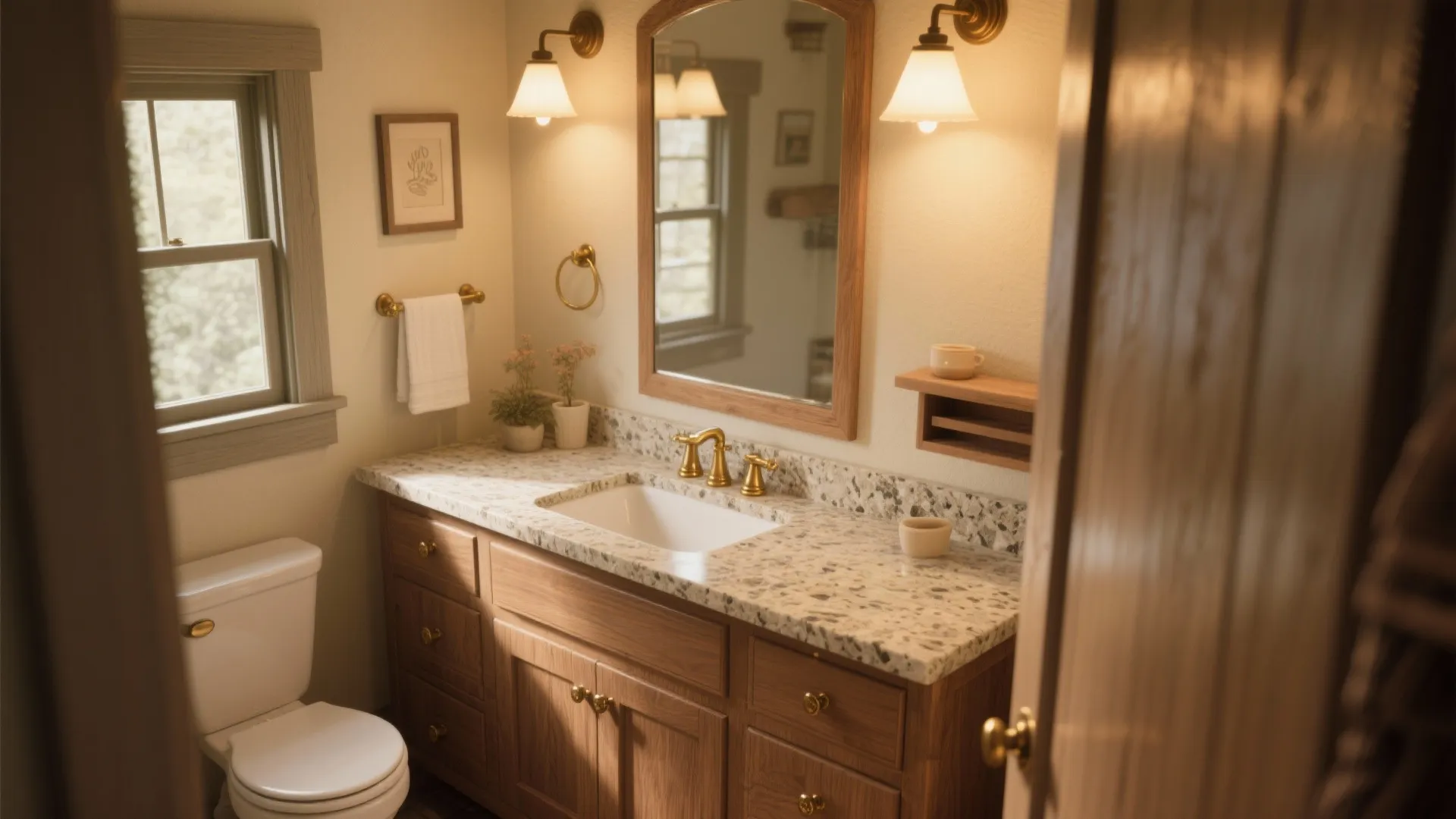 Cottage bathroom featuring wood cabinet stone counter gold wall light mirror toilet and small window