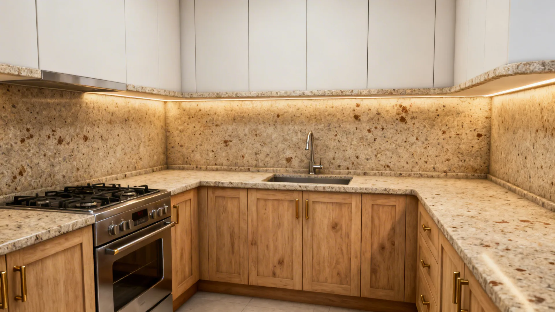 Kitchen with beige granite countertops, wooden cabinets, white upper cupboards, and bright under-cabinet light fixtures