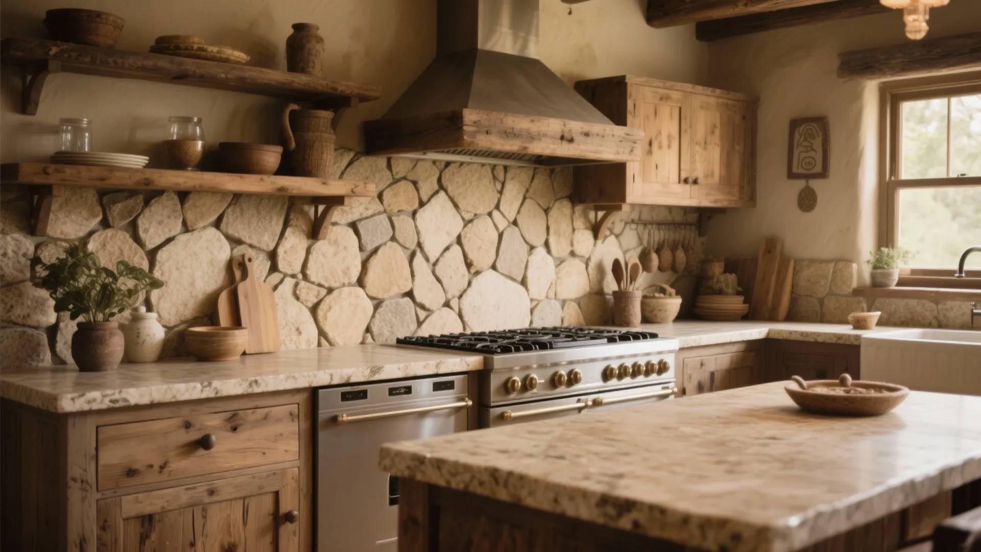 Rustic kitchen with stone wall wooden shelves light brown counters and stainless steel cooking stove
