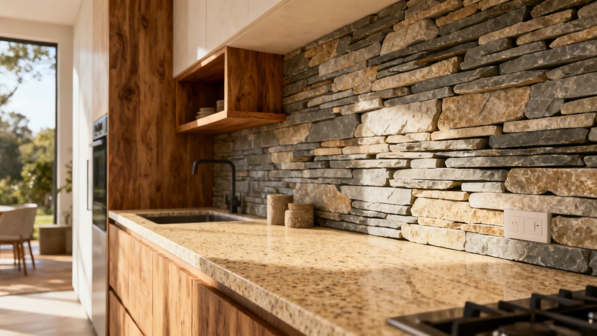 Warm beige granite countertop with a textured stacked stone backsplash and wood accents in an open-plan kitchen.