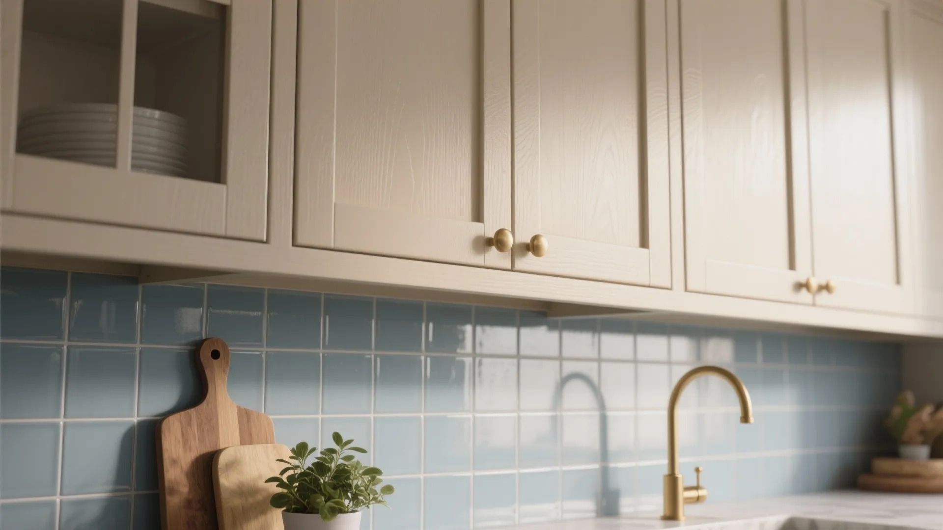 Beige wood kitchen cabinets with gold handles blue square wall tiles and a gold water tap