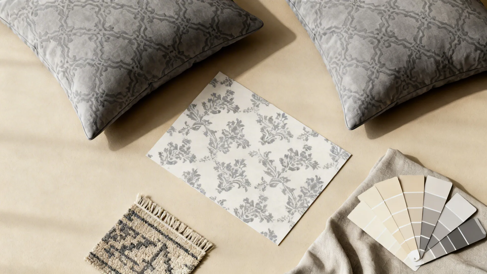 Interior design mood board with grey pillows floral pattern paper rug sample and color palette