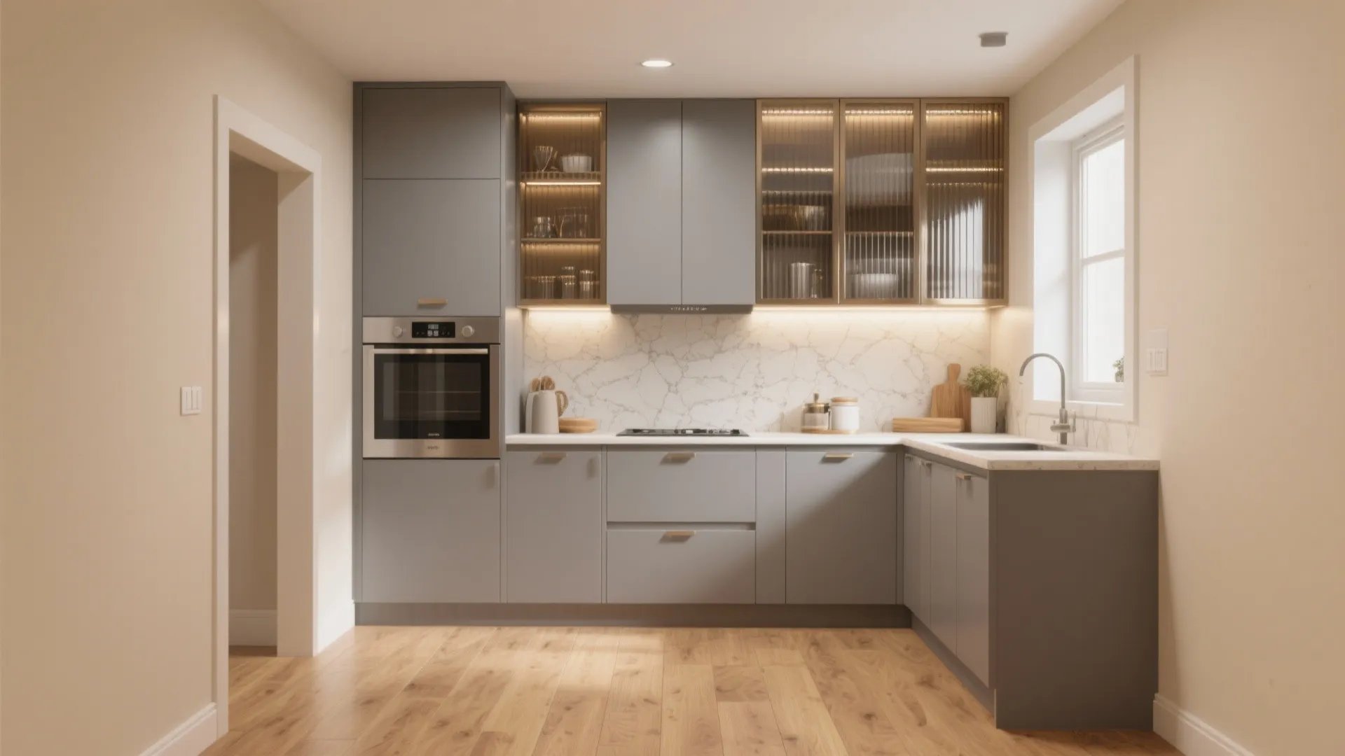 Small grey kitchen layout with wooden floors marble wall surfaces and glass cabinet door storage