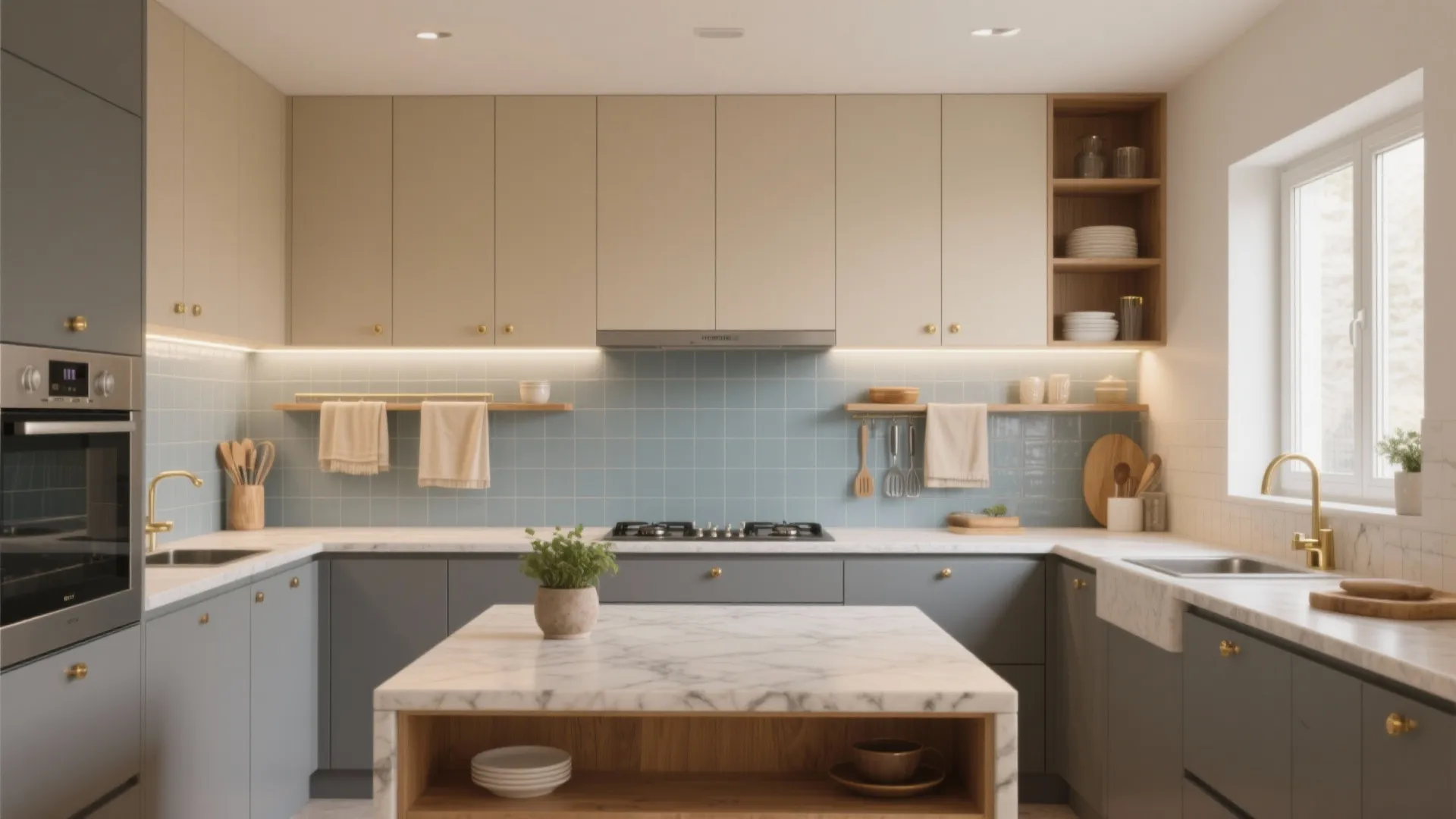 Modern kitchen with grey cabinets beige upper cupboards blue tiled wall and marble island counter
