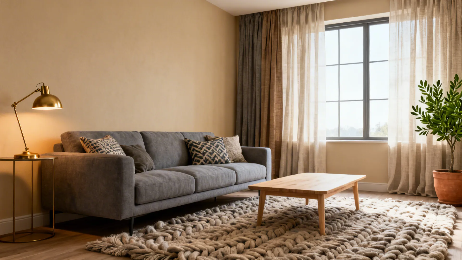 Warm living room with grey sofa, wood coffee table, woven rug, gold lamp, and window