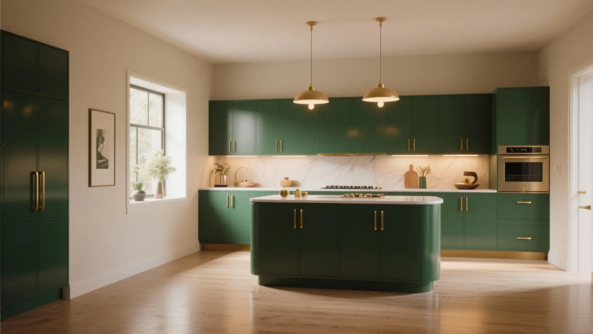 Green kitchen cabinets with gold handles large kitchen island wood floor and gold ceiling lights