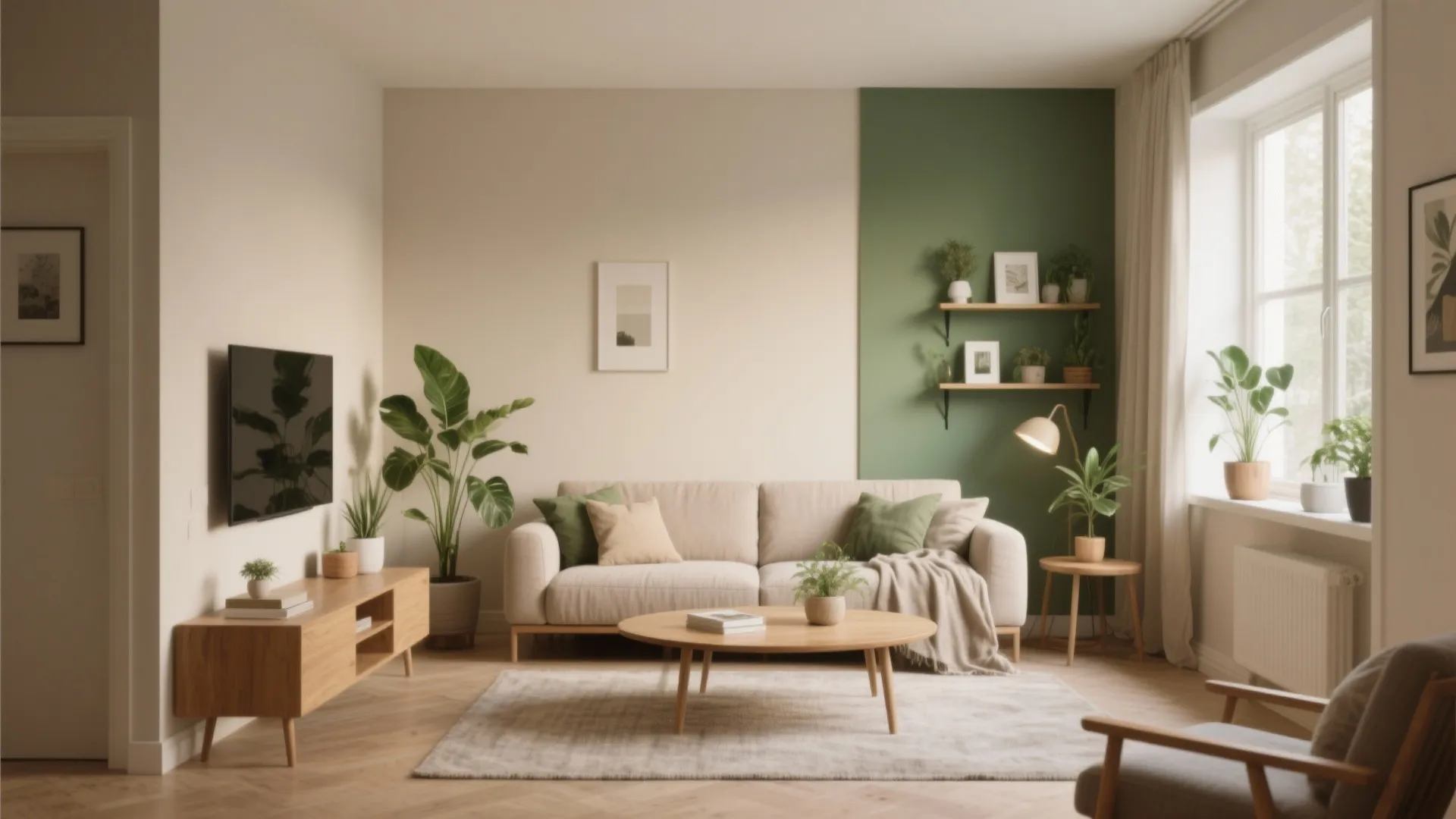 Modern living room featuring beige sofa wooden coffee table green accent wall and indoor potted plants