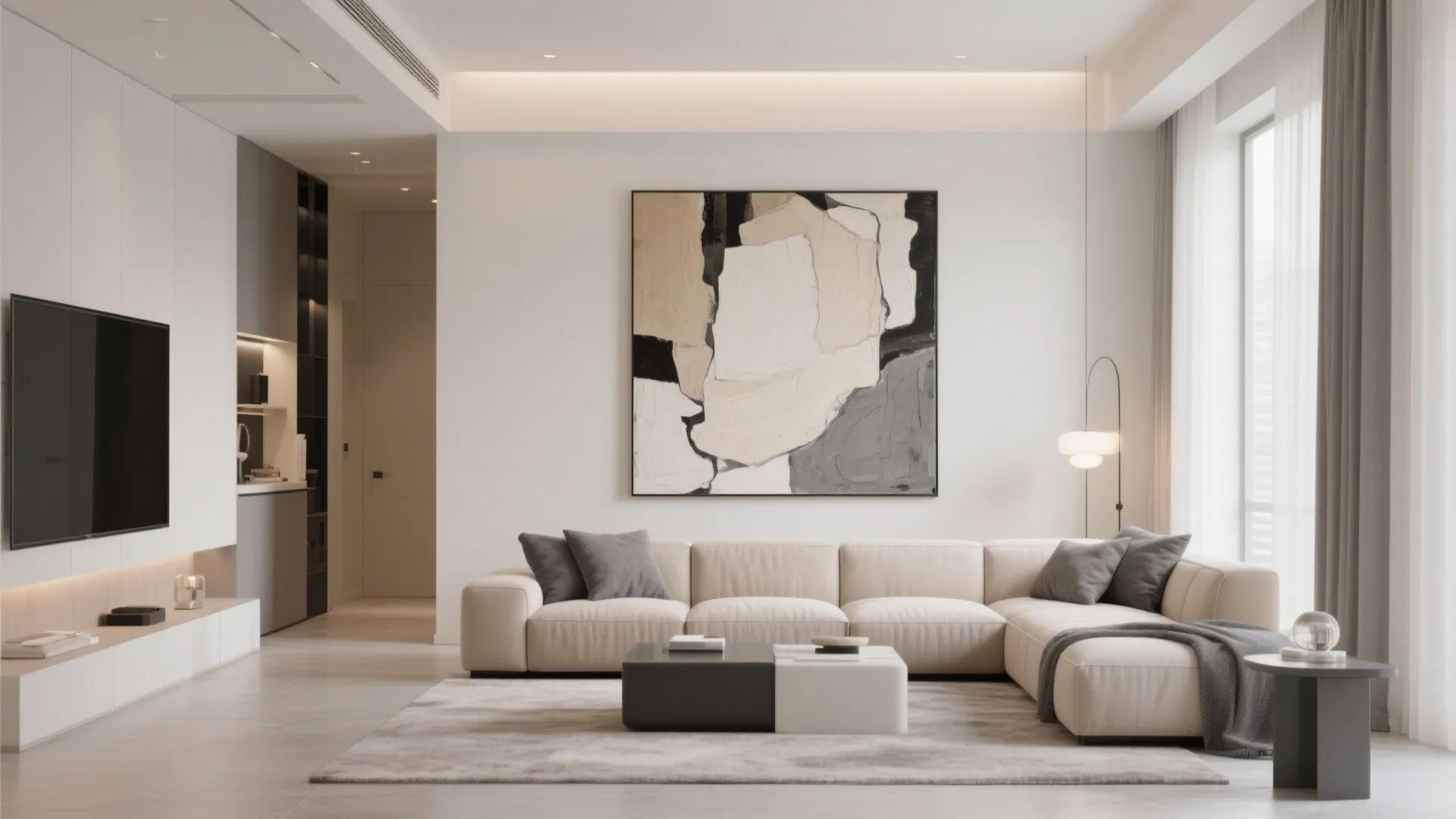 Contemporary living room featuring a large abstract wall painting beige sofa and a grey rug design