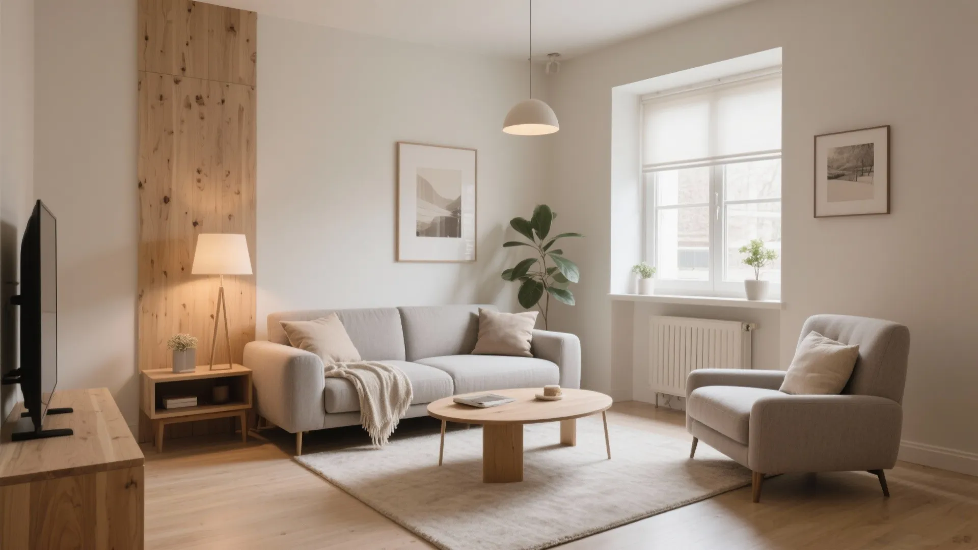 Minimalist living room featuring grey sofa round coffee table wooden floor lamp and bright window light
