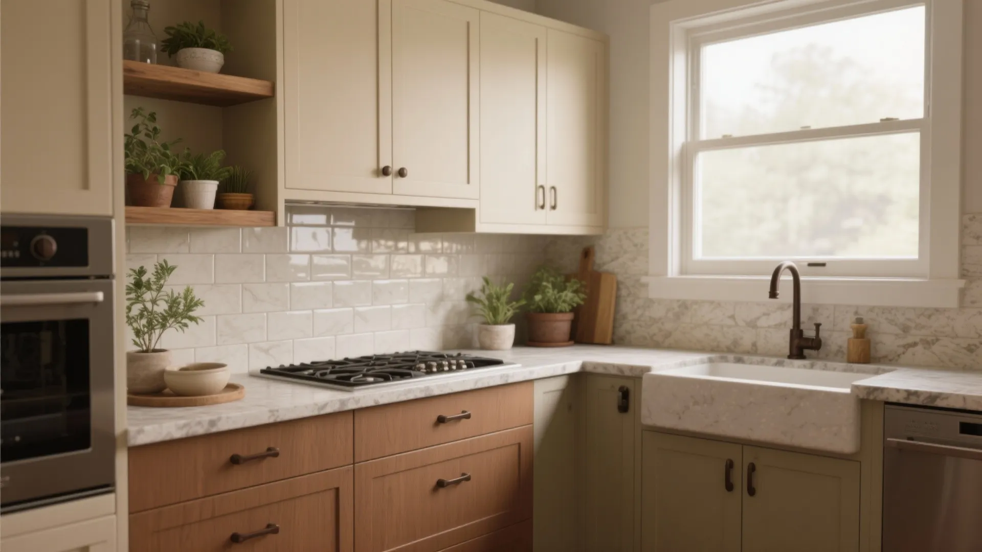 Modern kitchen with cream cabinets wood drawers marble countertop white sink window and green potted plants