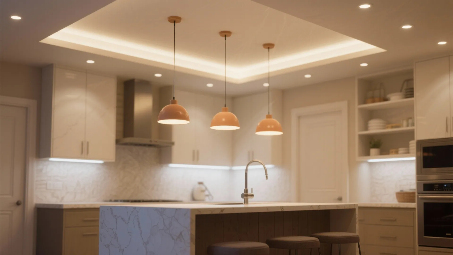Warm kitchen interior with three hanging ceiling lights over a marble island and recessed lighting