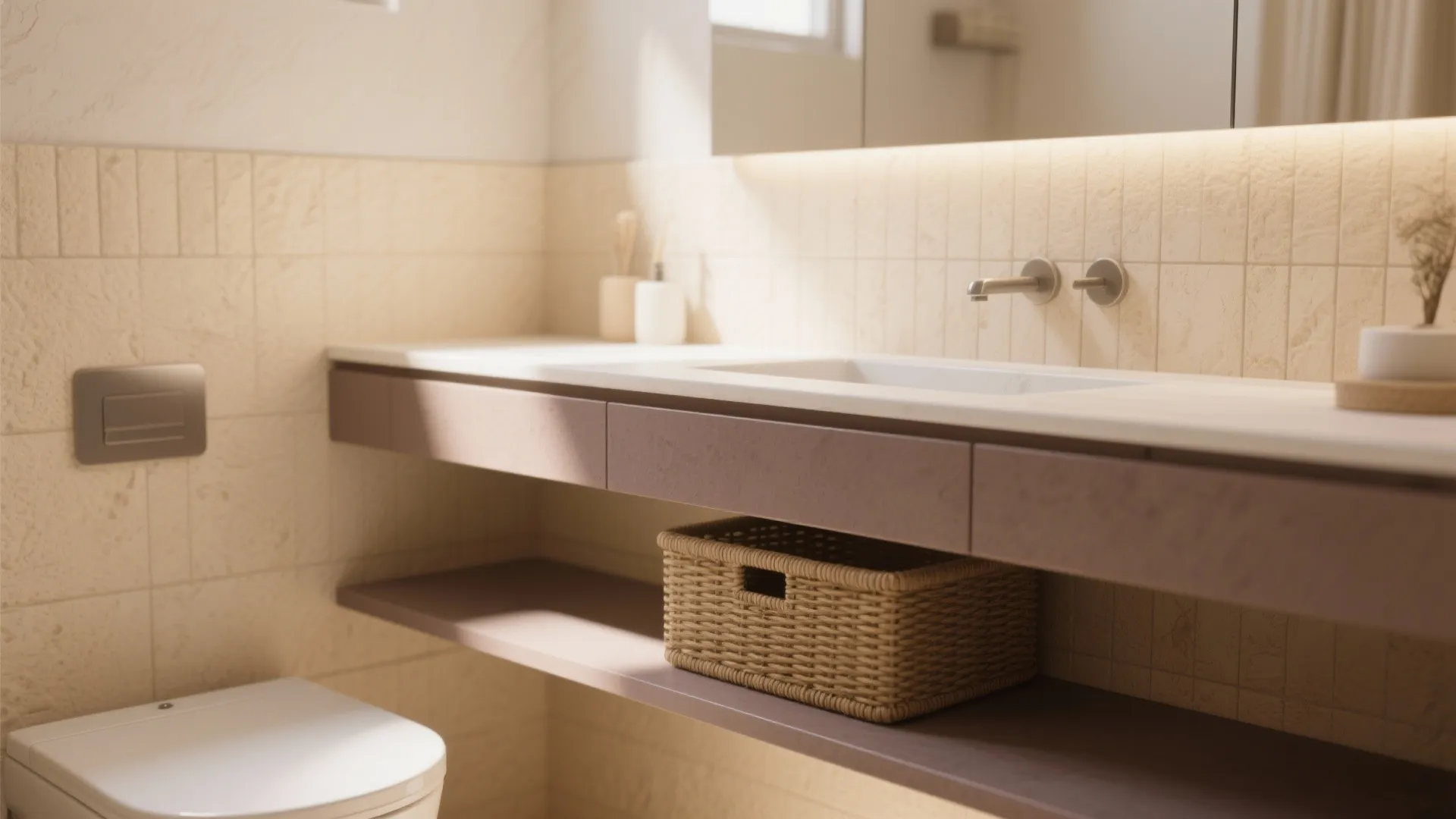 Modern bathroom interior featuring beige wall tiles storage basket under sink toilet and wall mounted tap