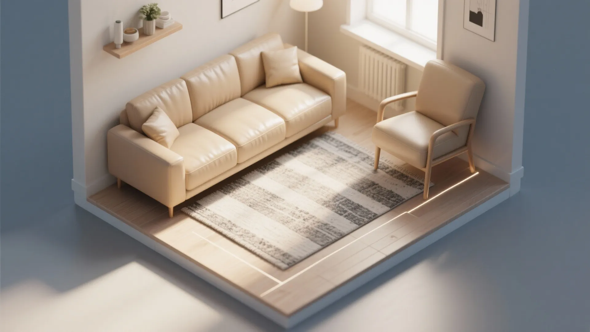 Top-down layout of a small living room showing sofa placement, walkways, and rug positioning