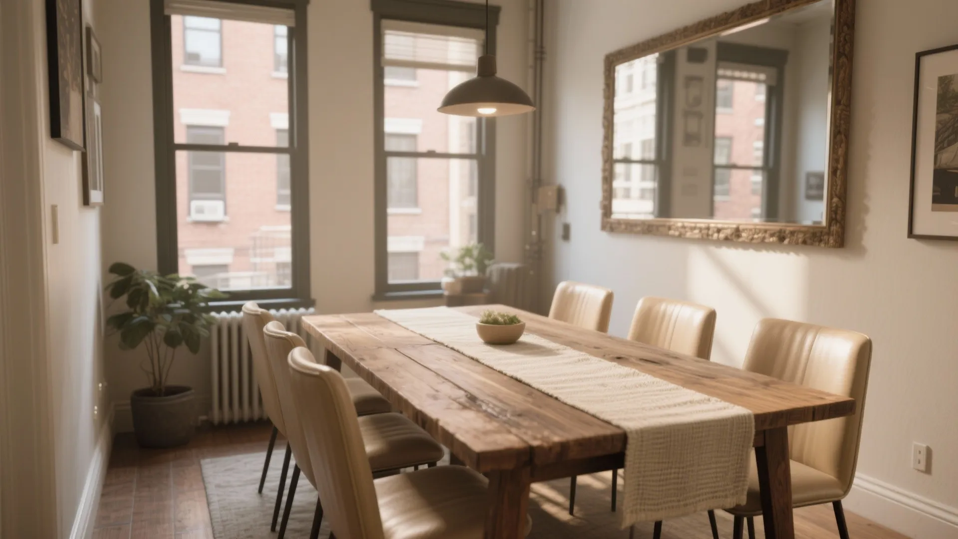 Long wooden dining table with beige chairs hanging ceiling light large wall mirror and window view