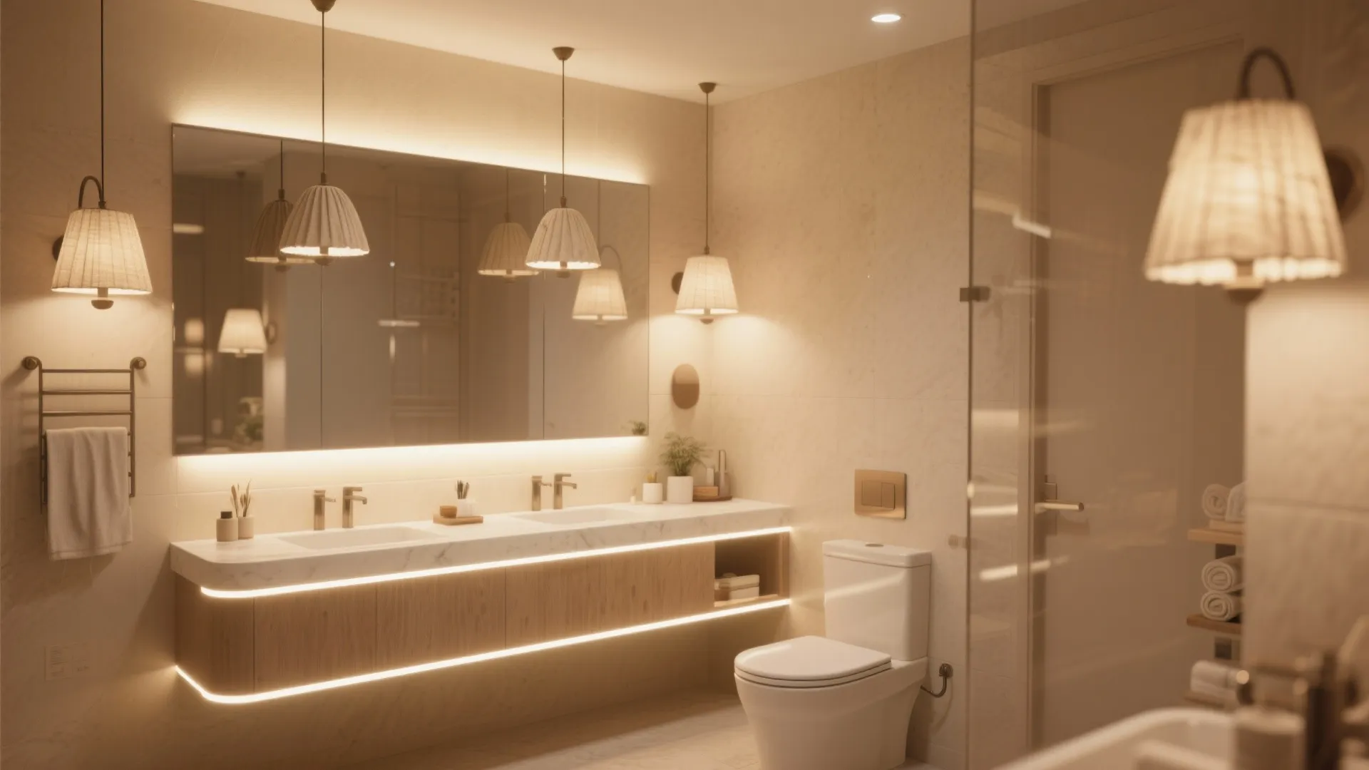 Beige bathroom with layered warm lighting and LED accents