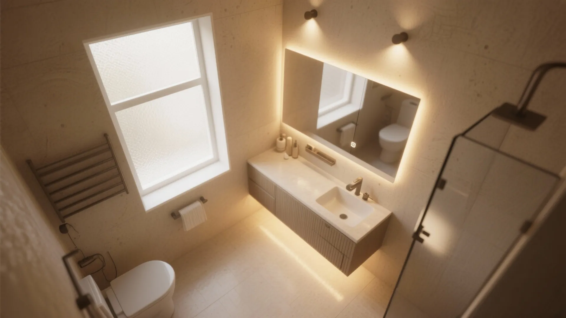 Top view of beige bathroom with glowing mirror floating cabinet white sink toilet window light