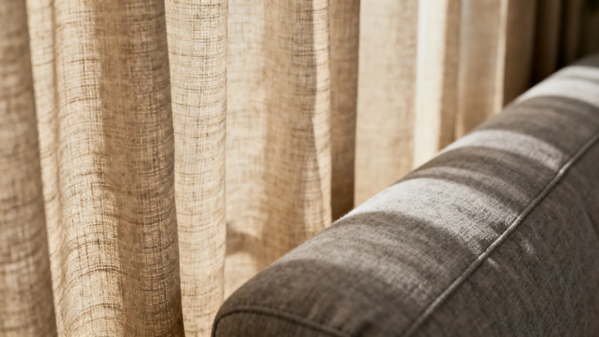 Close-up of beige linen curtain texture next to a grey sofa arm