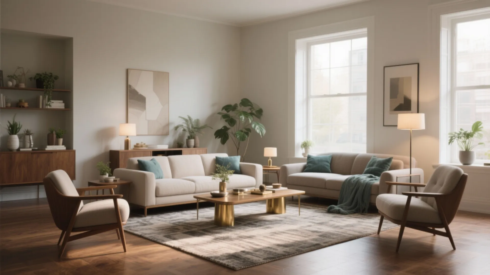 Spacious beige living room with two sofas matching armchairs wooden coffee table large windows plants