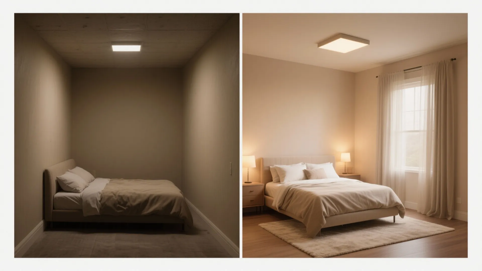 Before and after comparison of a dark bedroom versus a bright bedroom with warm light decor
