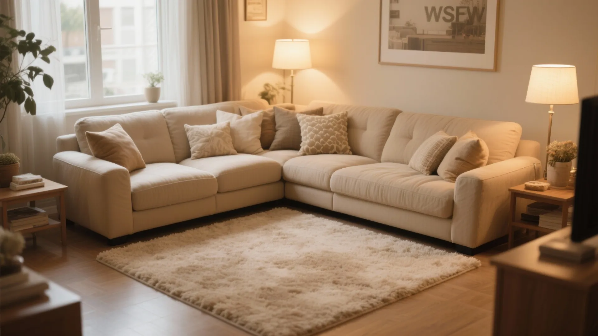 5. Beige Carpet and L-Shaped Sofa Layout