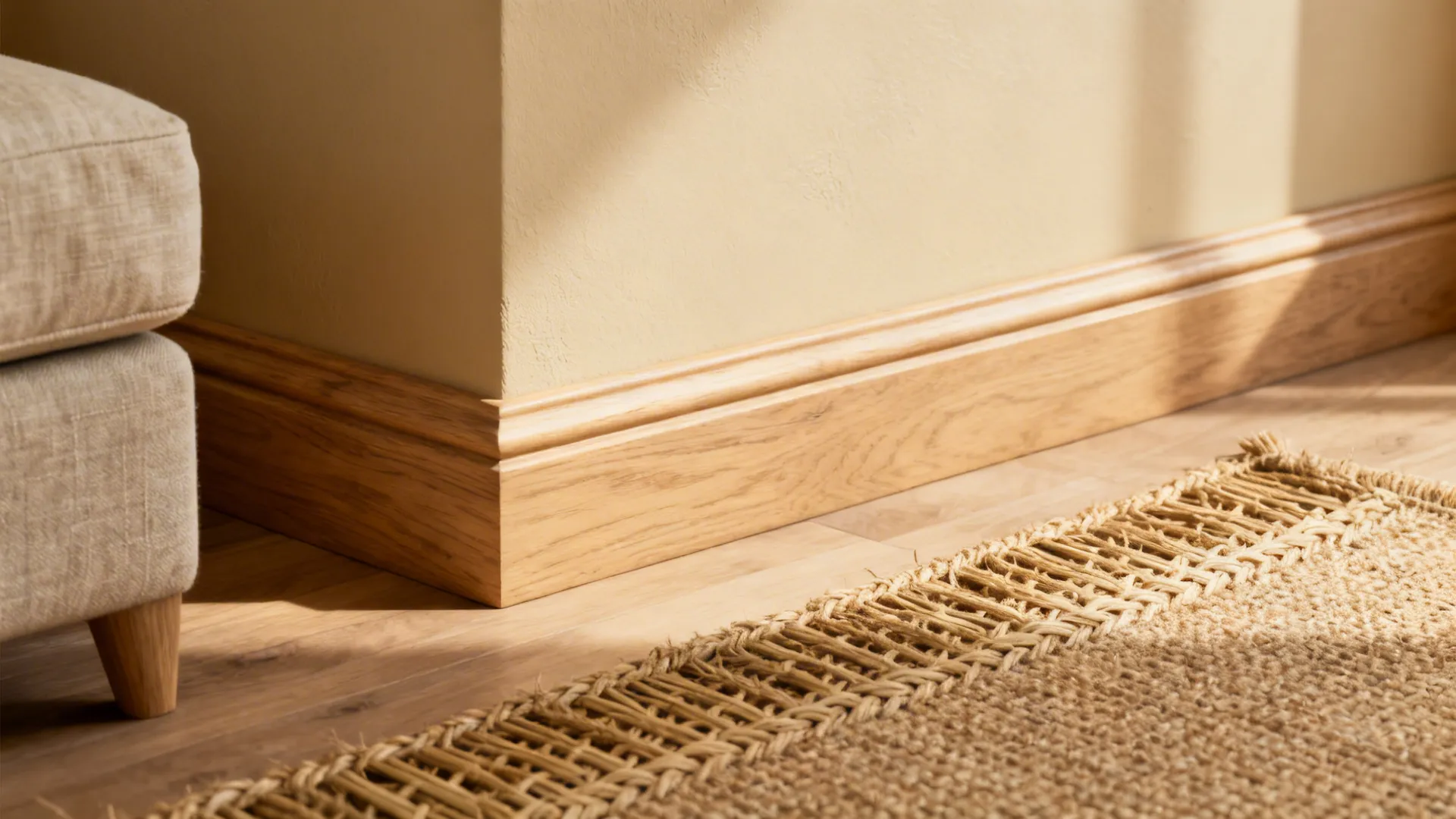Close up of wooden wall panel corner beside beige sofa and woven rug in warm light