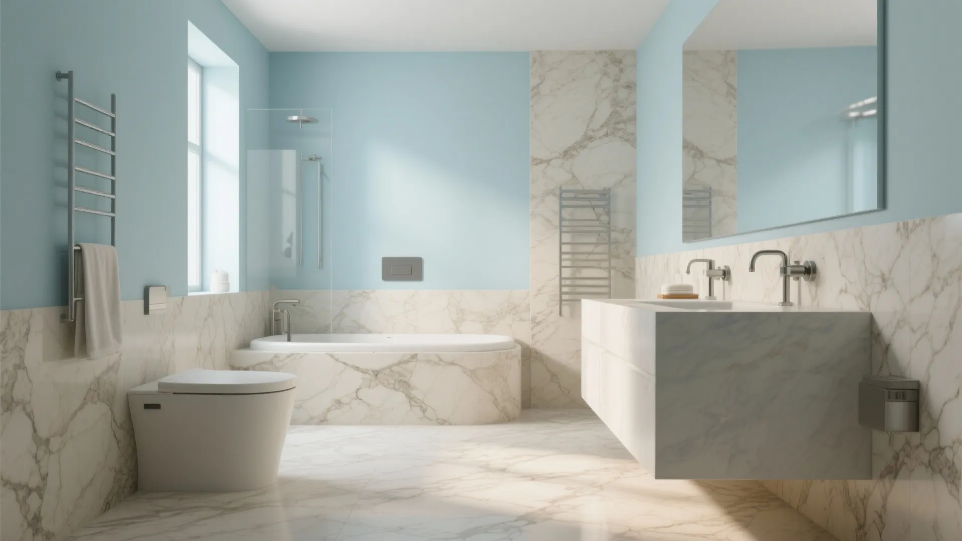 Modern bathroom featuring blue walls marble tiles bathtub toilet and a white floating sink mirror