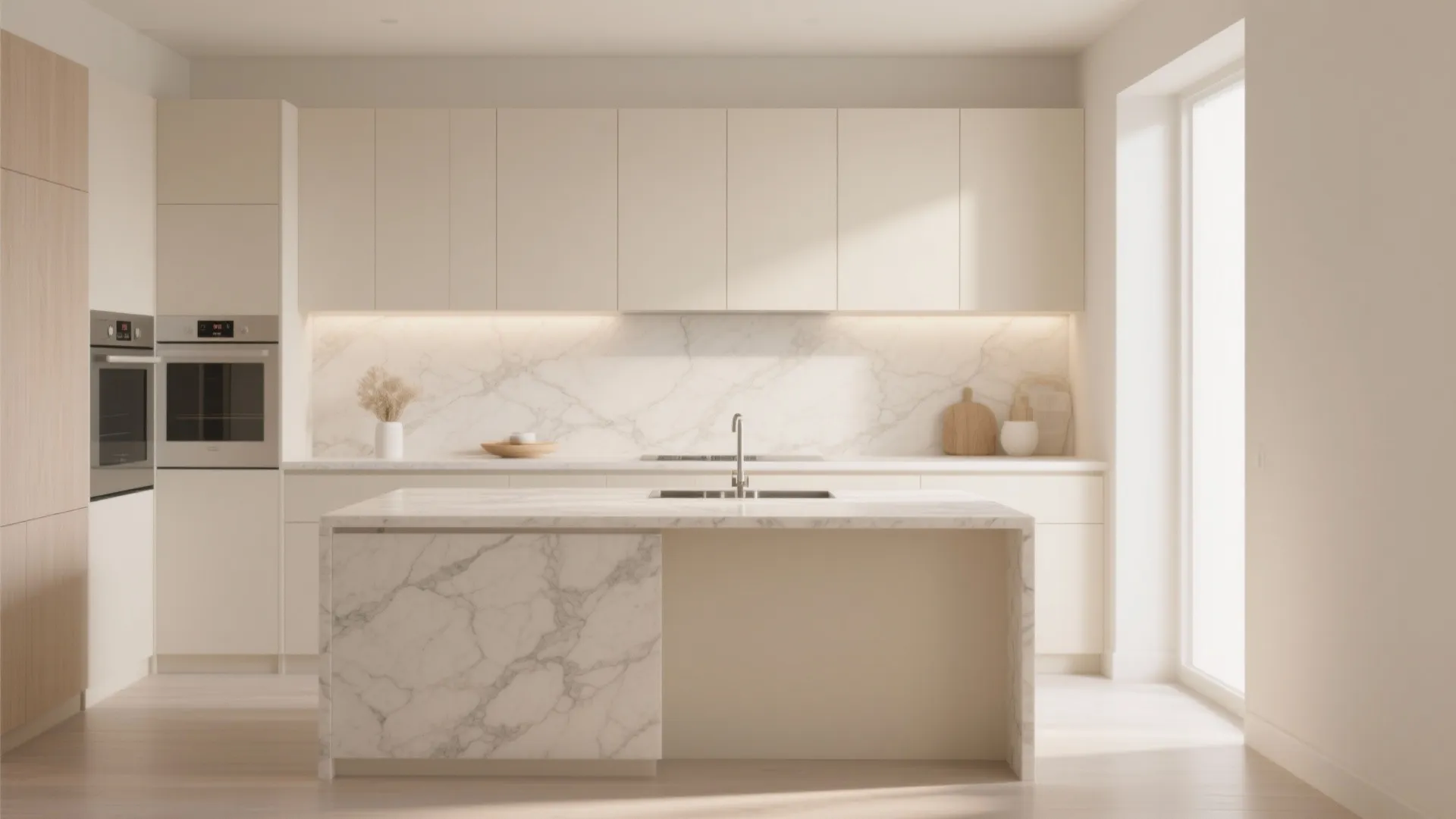 Modern kitchen with white marble island and matching wall panels plus bright light wood flooring
