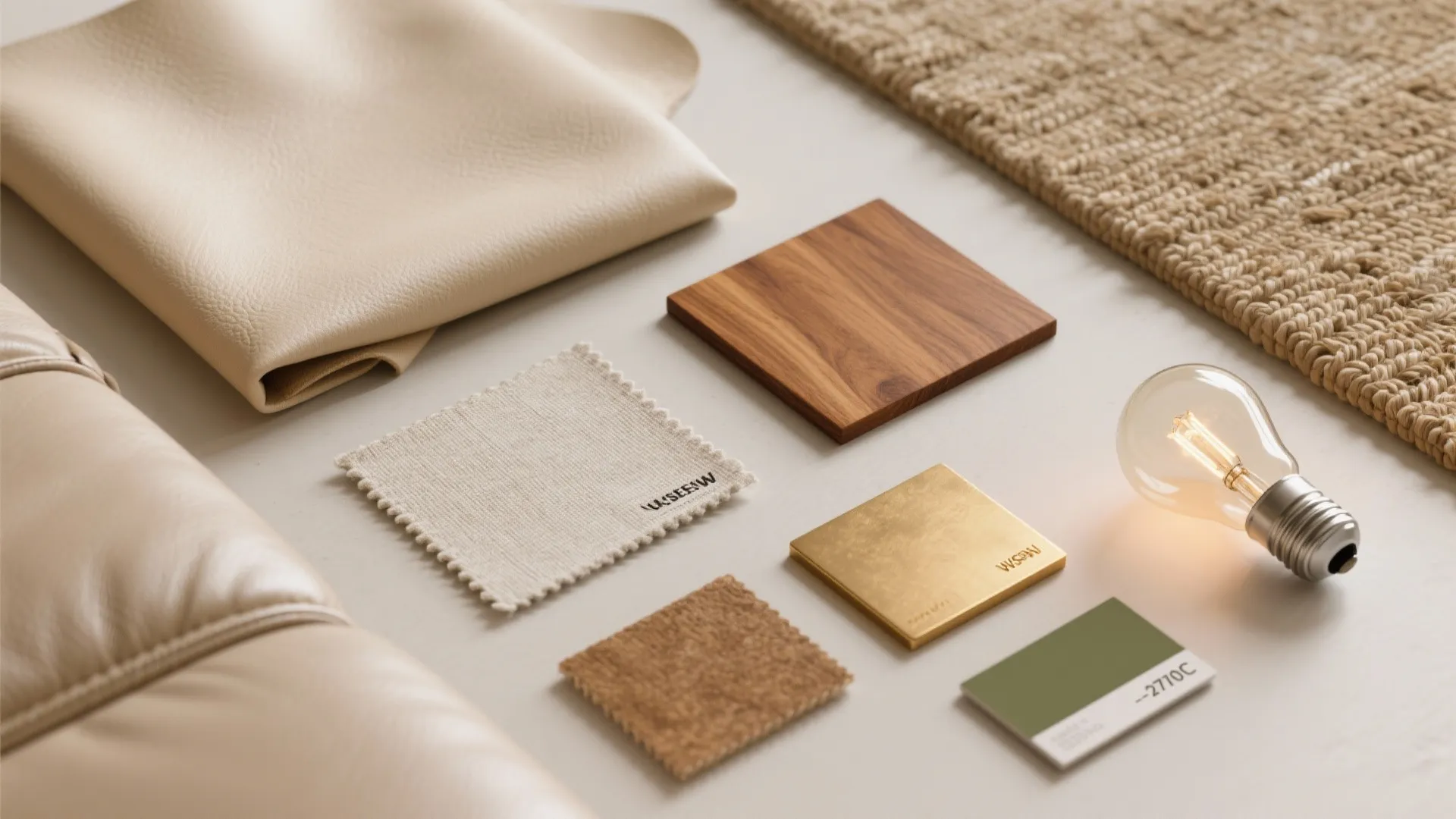 Flatlay of material samples: beige leather, linen, sisal, oak wood, and brass finish